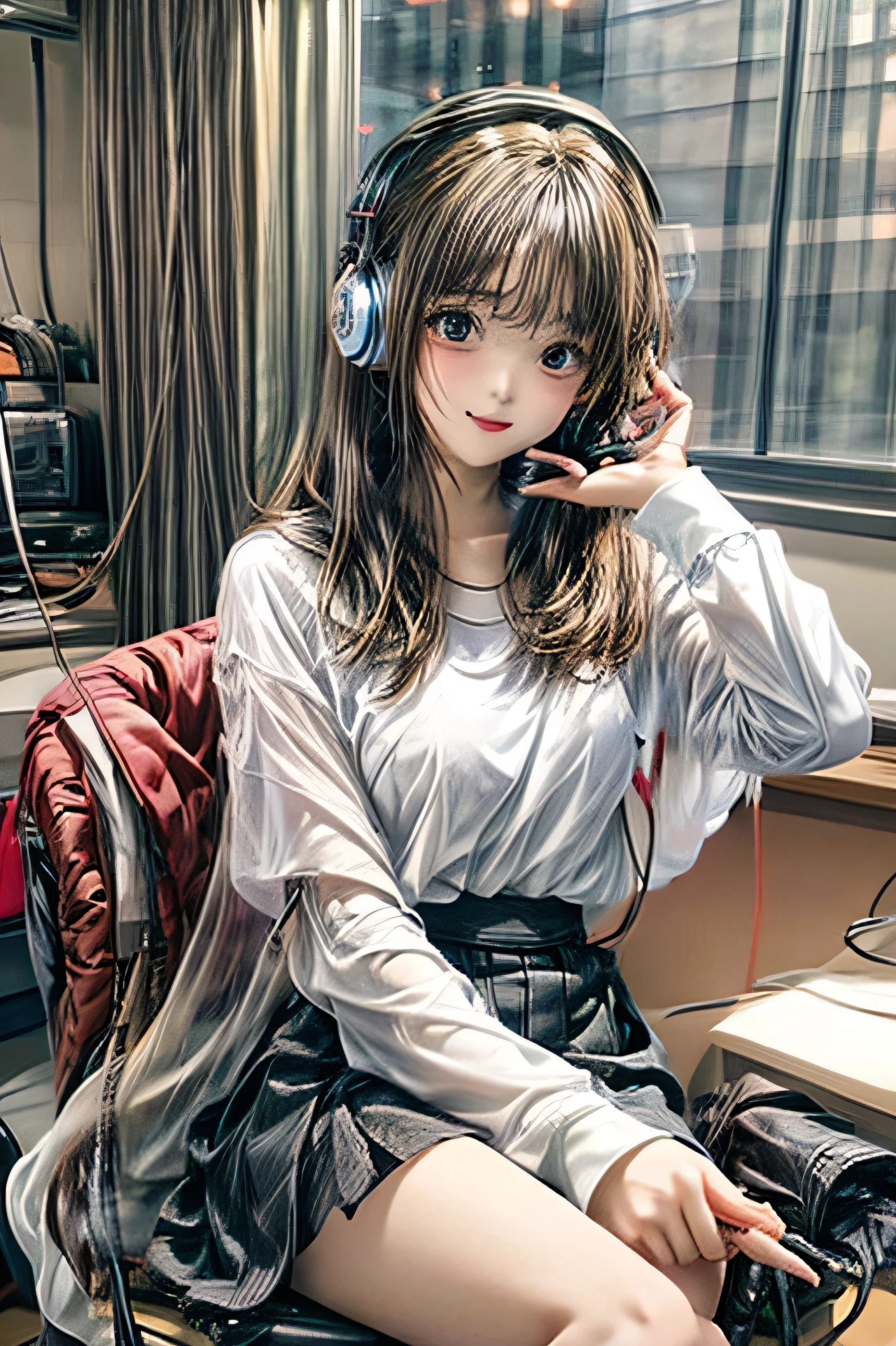 1 girl with headphones, sitting on the gaming chair, holding a pen, facing the computer, in the bedroom, medium breasts marking, see-through skirt, transparent white shirt, with sex look