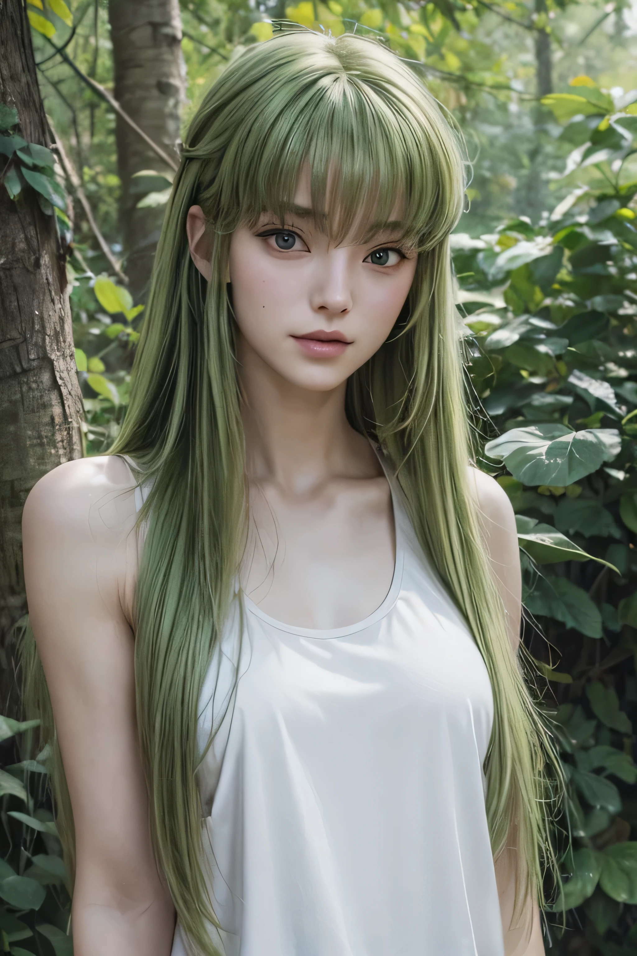masterpiece, best quality, (realistic,photo-realistic:1.4), (RAW photo:1.2), extremely detailed CG unity 8k wallpaper, delicate and beautiful, amazing,finely detail, official art, absurdres, incredibly absurdres, huge filesize, ultra-detailed,extremely detailed eyes and face,light on face,c.c.,(little smile),(green hair:1.4),(long hair:1.4),(ahoge:1.4),(wearing tanktop:1.4),(nature background:1.4)
