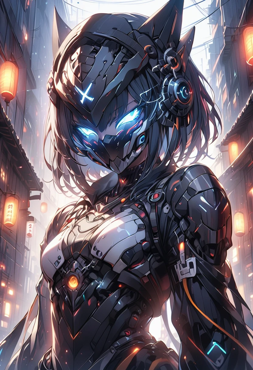 ((masterpiece,high resolution,best quality,8K))
(一名黑皮肤female子,15 years old,flat chest,slim,Black short hair,Dark Skin)(female,60% Mechanical,Mechanical helmets,Face covering helmet)
(Black and Lights)Horus