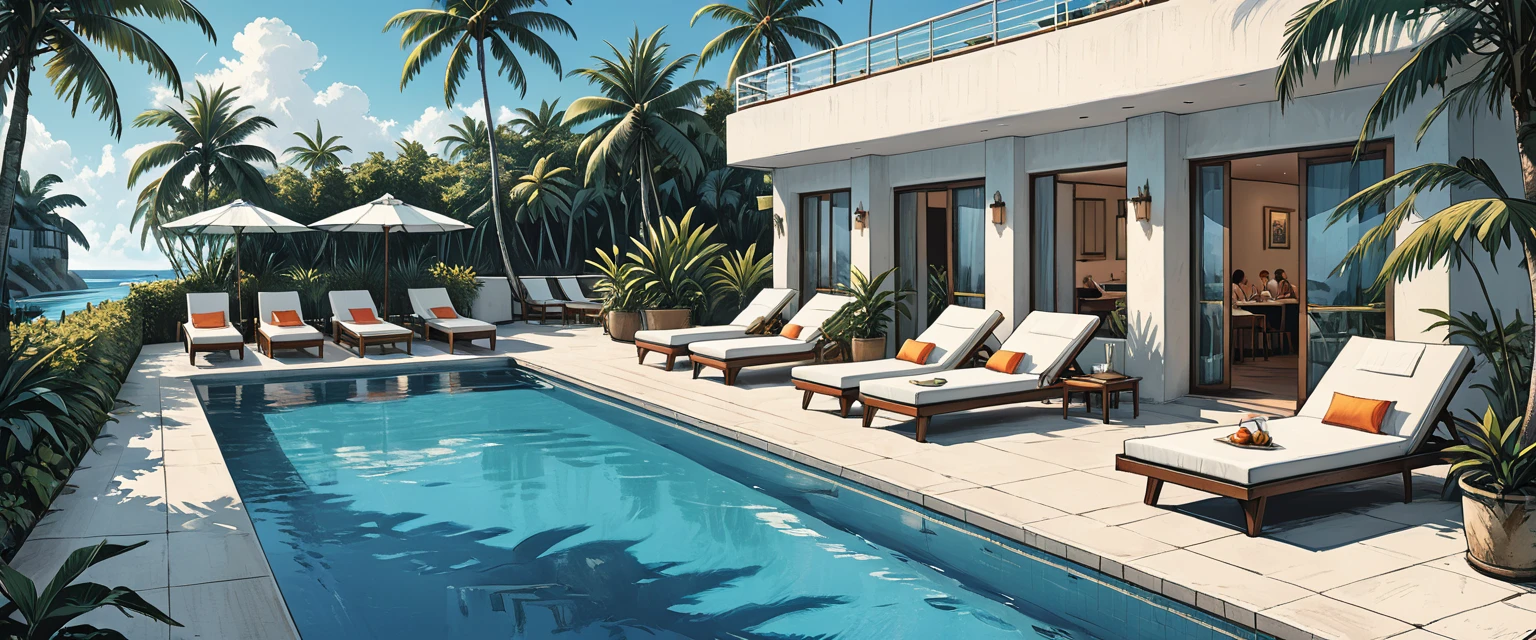 people, ((people relaxing by the pool)), ((hotel staff)),
white hotel, people in terrace,on the ocean, tropics, tropical island, people in swimming pool, palm trees, three floors, graphic style of novel comics, perfect hands, 2d, 8k, hyperrealism, masterpiece, high resolution, best quality, ultra-detailed, super realistic, Hyperrealistic art, high-quality, ultra high res, highest detailed, lot of details, Extremely high-resolution details, incredibly lifelike, colourful, soft cinematic light,
