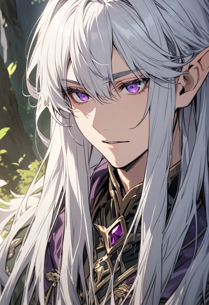 A man with long silver hair, with detailed purple eyes and elven features