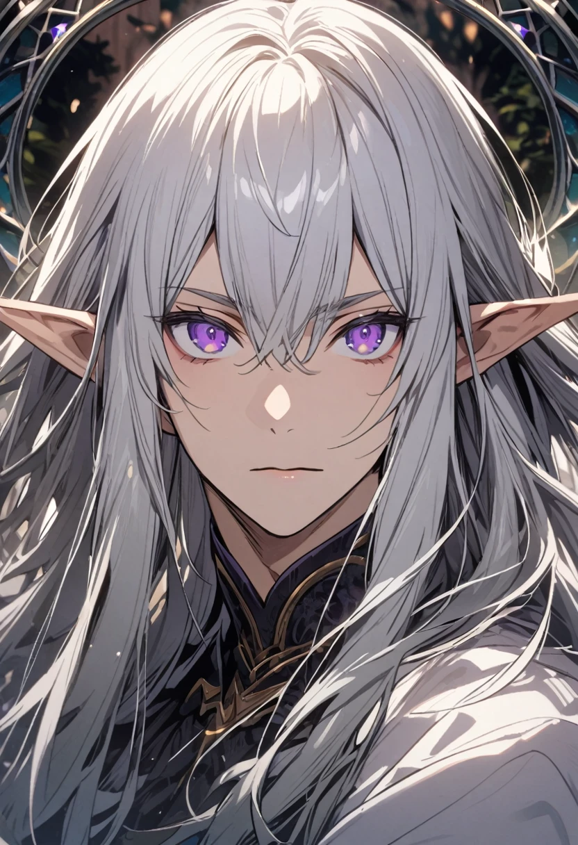 A man with long silver hair, with detailed purple eyes and elven features