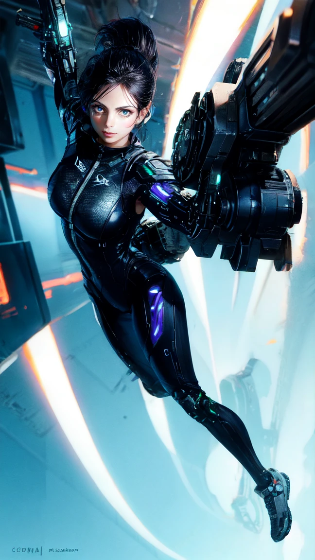 8K, Raw photo, highest quality, masterpiece, Full body, aerial view, cinematic lighting,| female cyborg with exposed mechanical parts, dynamic poses to showcase her agility as she moves through the futuristic landscape, breaking off the heavens

