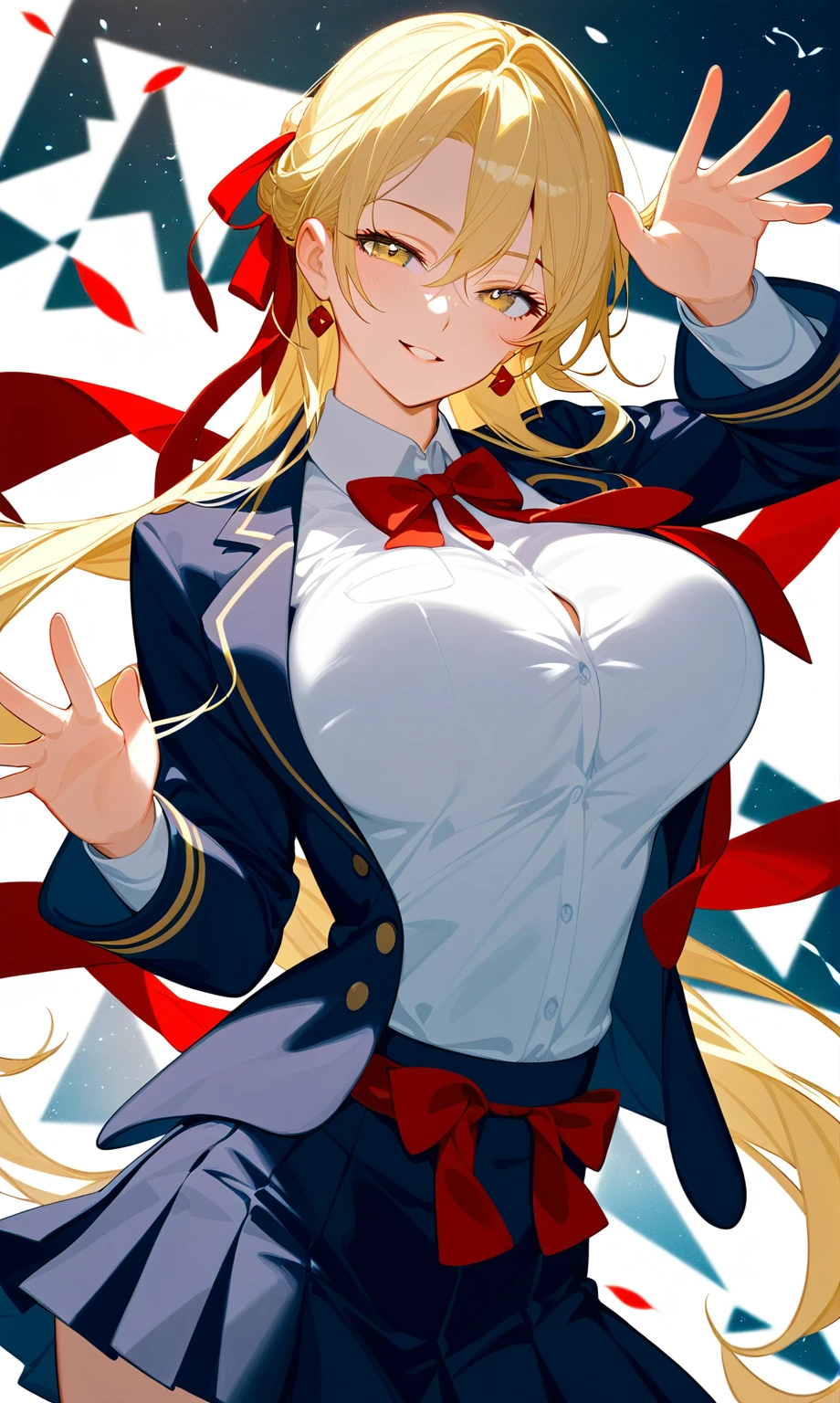 Highest quality, Ultra-detailed CG Unity 8k Wallpaper, Beautiful details、Large Breasts、Blonde、T-pose、White Shirt、mini skirt、Red ribbon、Lady、Slanted Eyes,Arrogant、uniform、Video Game Character Design、blazer、whole body、Front view、A Pose