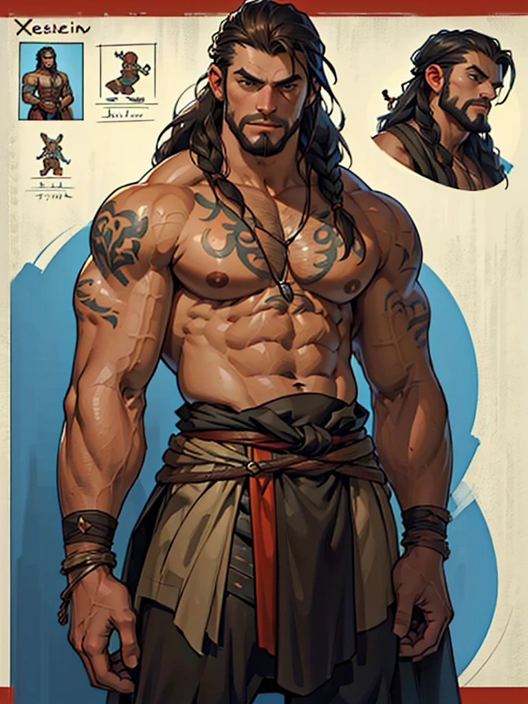 (Masterpiece, best quality), detailed, ((character concept art)), ((character design sheet, same character, front, Side, back)), Theon I was an imposing man, over two meters tall and with robust muscles. His long hair and beard were dark brown., often adorned with braids and tribal ornaments.