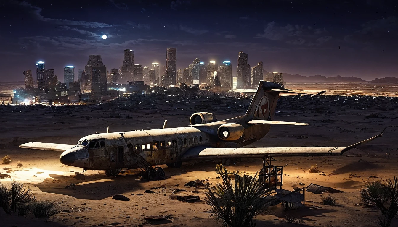 plane desert night city post apocalyptic