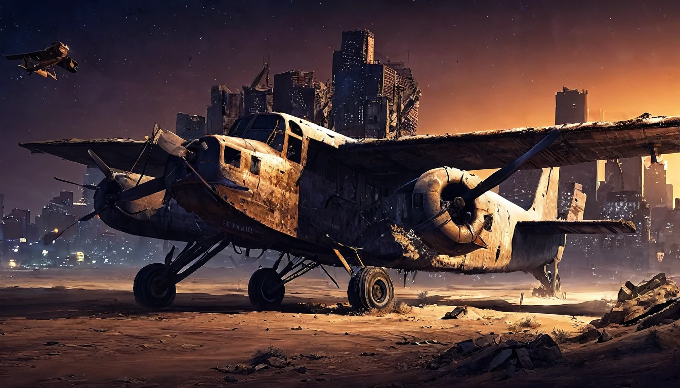 plane desert night city post apocalyptic