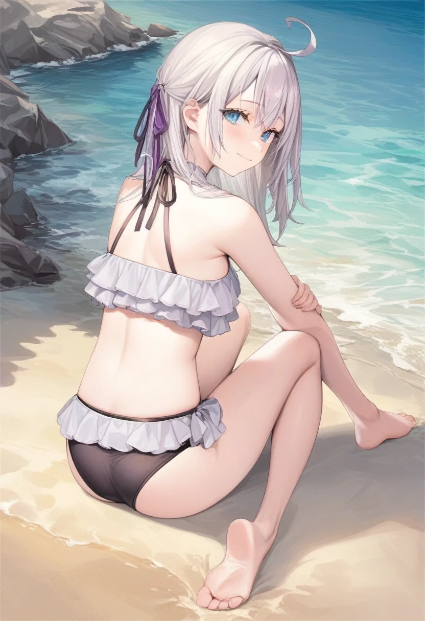score_9,score_8_above,score_7_above, alya, light smile,Alone, long white hair, medium chest, wearing a sexy purple ruffled bikini, resting in the sand, back view, looking back, Stretched legs,Feet together, near the sea, legs in the sea