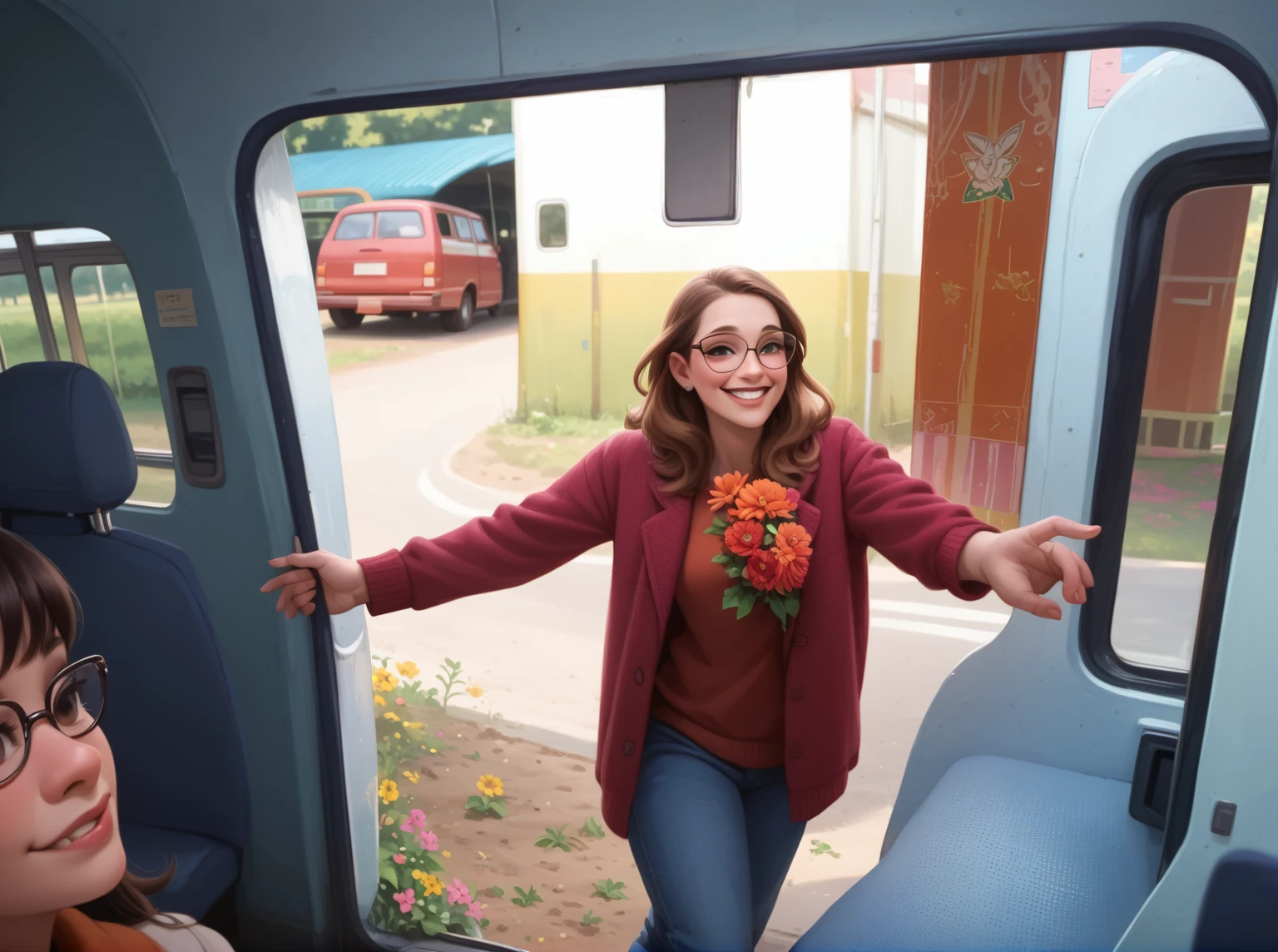 There is a woman standing with glasses on to get on the bus with her hands., she likes the profile of the bus., flower field background, and she smiling