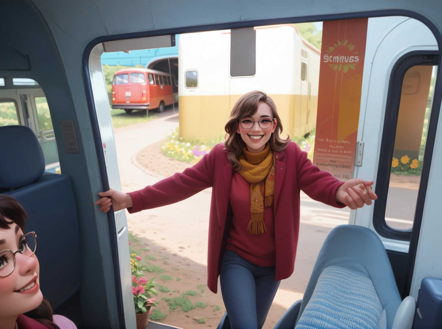 There is a woman standing with glasses on to get on the bus with her hands., she likes the profile of the bus., flower field background, and she smiling