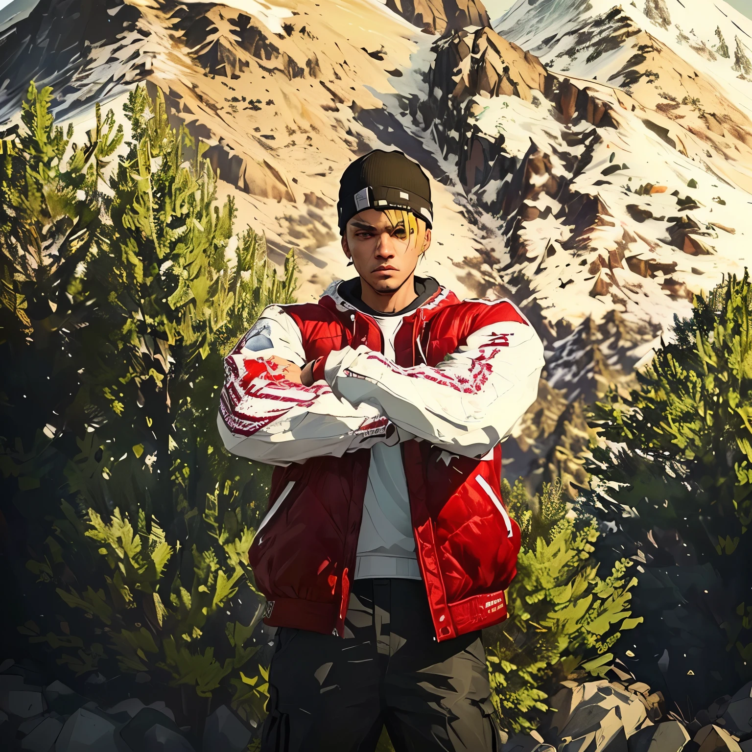 there is a man standing in front of a mountain with a snowboard, inspired by Jang Seung-eop, gta v character, style of gta v, gta character, gta v street style, close full body shot, as a character from gtav, gta5 style, jesse pinkman in gta v, wearing red jacket, as the protagonist of gta 5, highly detailed!