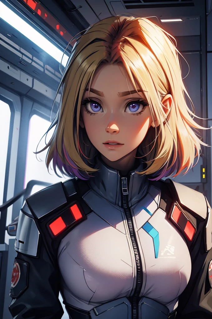 super blue and orange, purple., fiery red, red hair, portrait, light vintage blonde color hair, scientist character, female, super strong, female, blonde and silver clothing, cyberpunk female, short blonde hair, portrait, close-up, in a spaceship hangar, a female in a sci-fi jumpsuit with led lights making shapes, she has short light green hair, purple eyes, silver clothing.