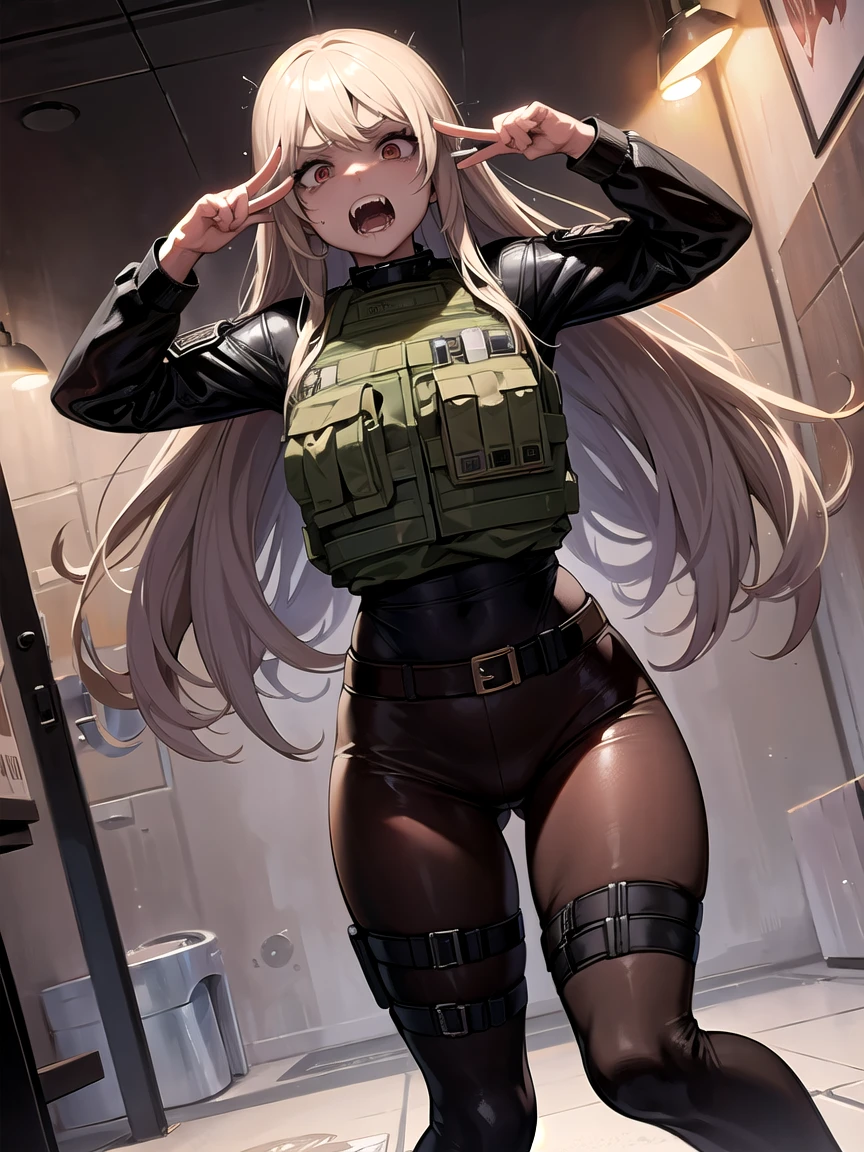 masterpiece,female,bulletproof vest,tactical,brown leggings,long straight hair,(scary:1.4),(disorder:1.5),(flushing:1.2),need to pee,want to pee,wet pants