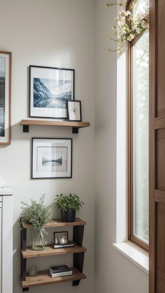 Room wall ,a wodden shelf on wall ,photo frame on shelf,flower base near to photo frame 