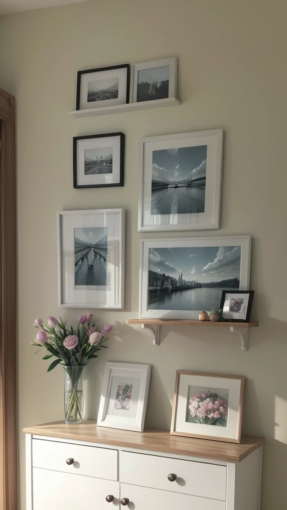Room wall ,a wodden shelf on wall ,photo frame on shelf,flower base near to photo frame