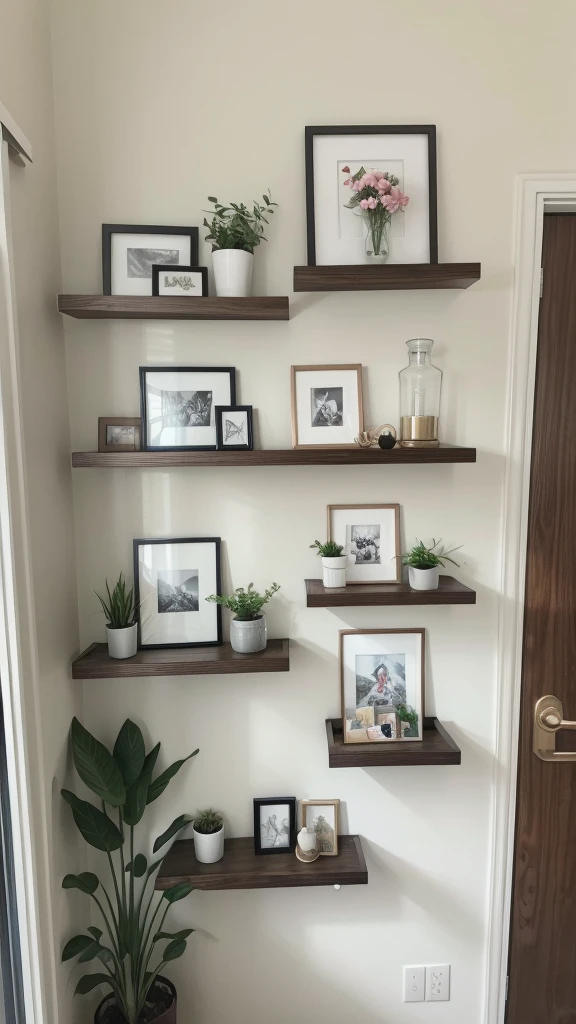 Room wall ,a wodden shelf on wall ,photo frame on shelf,flower base near to photo frame 