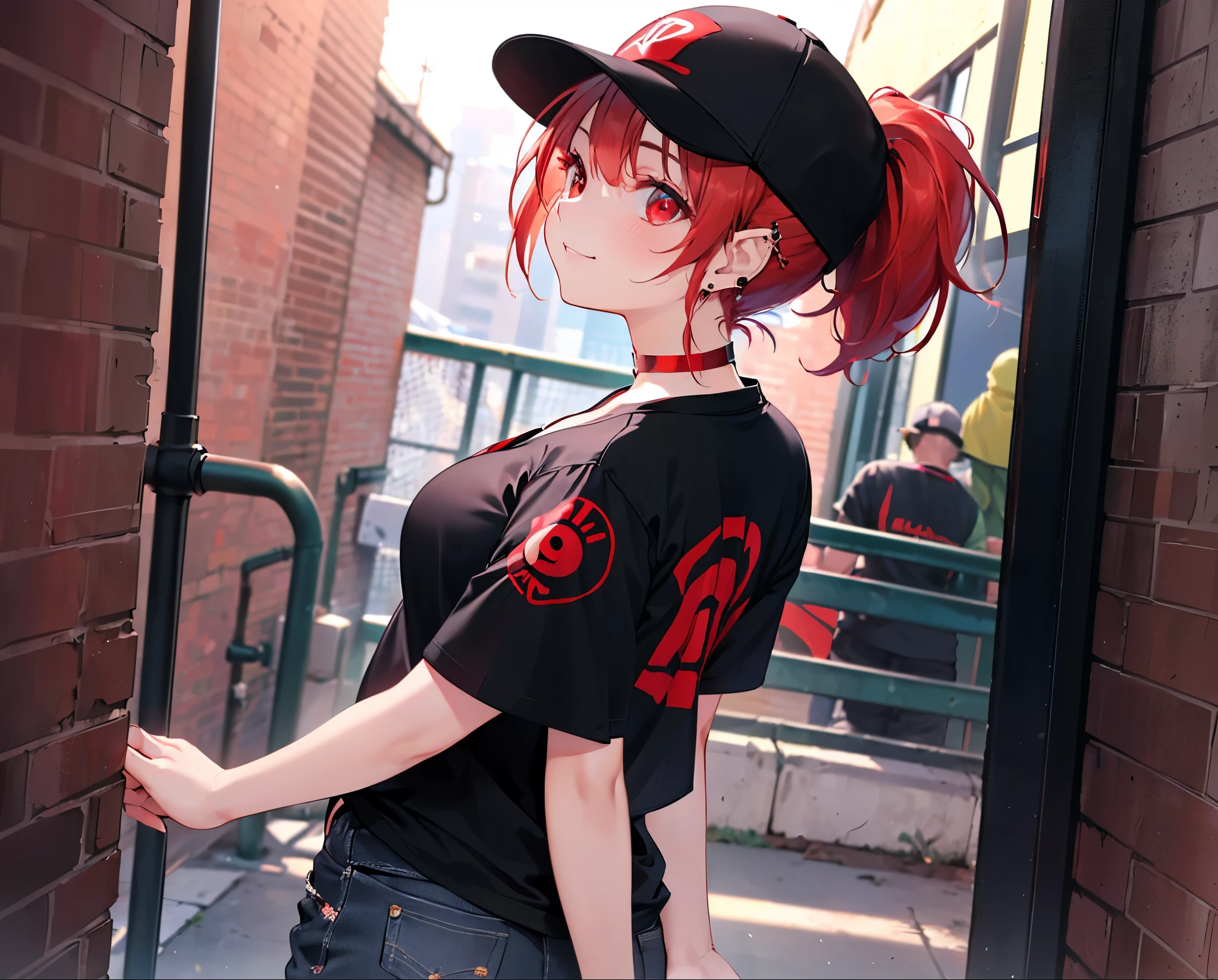 (Close-up:1.3),Realistic,Highest quality, Ultra Detail, High-quality CG rendering, The most delicate and beautiful, Floating softly, High resolution, (1 girl), (Highest quality,4K,8k,masterpiece:1.2),(All red hair:1.5), (ponytail:1.5),(Red eyes:1.5),(Slightly larger breasts:1.2), (Oversized black short sleeve t-shirt:1.3),(Black skinny jeans:1.3),(Black baseball cap:1.3),In the city,old buildings,Narrow back alley,(Turn your back to your audience:1.3),Butt,Are standing,smile,(Piercing in left ear:1.3),(Pitch black choker:1.5)