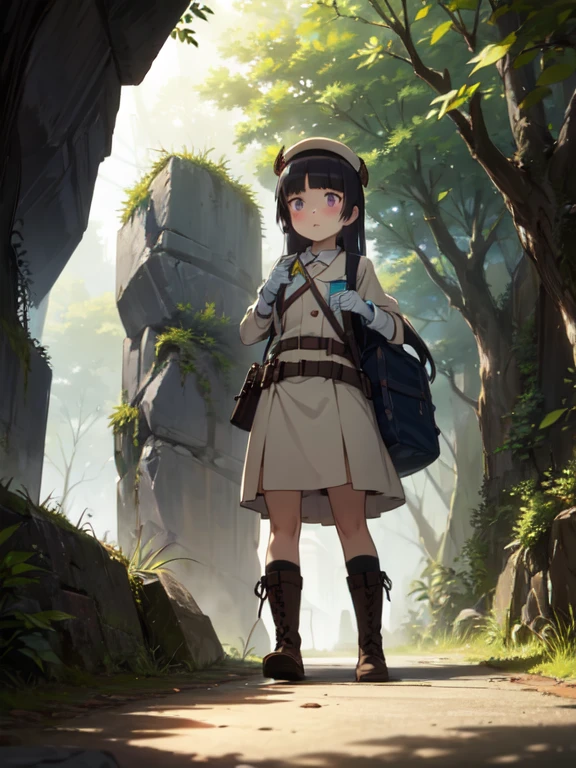 (masterpiece, Highest quality),  (ruri gokou), blush, Black Hair, Mole, Mole under eye, One Girl, Long Hair, Hime cut, Jungle exploration, flashlight, telescope, Food Bag, rope, a notepad.
Utility Vest, Safari Hat, Hiking boots, Durable gloves.
(Adventurous explorer at the entrance to a cave), Mysterious light seen in the distance,
Rock surface texture, Contrast between light and shadow, The mysterious atmosphere of nature. full body