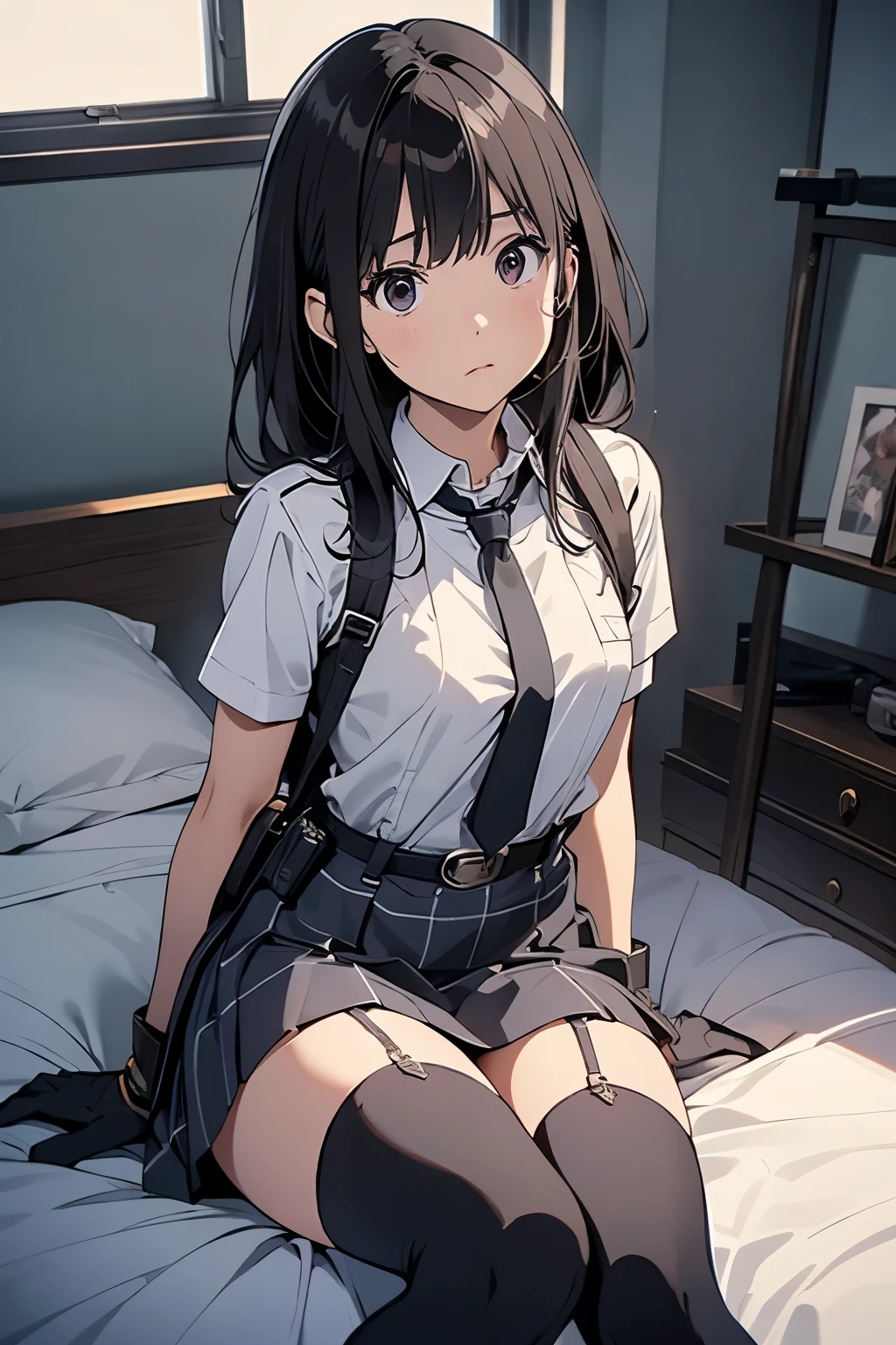 1 female, , high quality, masterpiece, Ultra-high resolution, , Cinema Lighting, , , And the suspenders with the cranes flying　　　Moderate breasts　 　 　　　　Large Breasts　 　 　　　　Small face　 　　　holster　　　　　　　 Lying in bed　Looking up　　　　Sweat 　　　belt　summer　脇Sweat 　Black Hole Gloves　suit　　　　 　garterbelt　Leg Links　ズボンにbelt　　holster　 　　Hands behind your back　 Anxious expression　Looking up　Anxious face　Knee-high　Knee socks　Knee-highソックス garterbelt　garter　ふとももにgarterbelt　Checkered mini skirt　tie