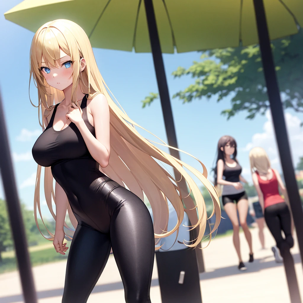 1girl, blonde girl, blue eyes, long blonde hair, white tank top, tight fitting black pants. at the park.