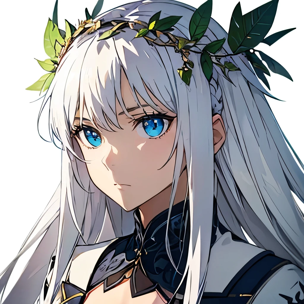 medium tits,  1girl, at school, white background, silver hair, blue eyes, emotionless, detailed face, view at camera, school unifom, upperbody, view from far,  leaf crown