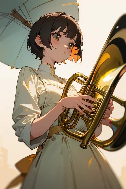 masterpiece,best quality,super detailed,super fine illustration,8k,pov scene,beautiful background,anime style,a girl,short hair,dress,Break she plays a trumpet.,perfect hands,perfect fingers,perfect trumpet,