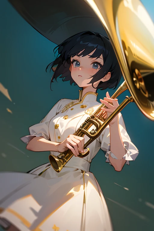 masterpiece,best quality,super detailed,super fine illustration,8k,pov scene,beautiful background,anime style,a girl,short hair,dress,Break she plays a trumpet.,perfect hands,perfect fingers,perfect trumpet,