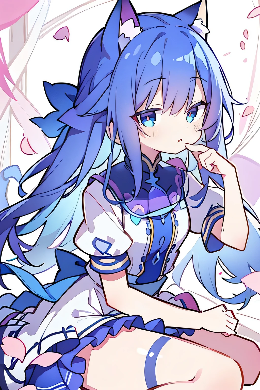 (masterpiece:1.2),Super detailed,lifelike,Expressive eyes,fair skin,perfect face shape,1 girl,
Japanese comics,Gorgeous blue hair,flowing blue hair,flowing clothes,Cat ears,Petals fall,beautiful lola,Baby Angel,
Shaking head with one hand,Cross your legs,,The pavilion is cool and comfortable,smile,back views,sunrise,Petals fall