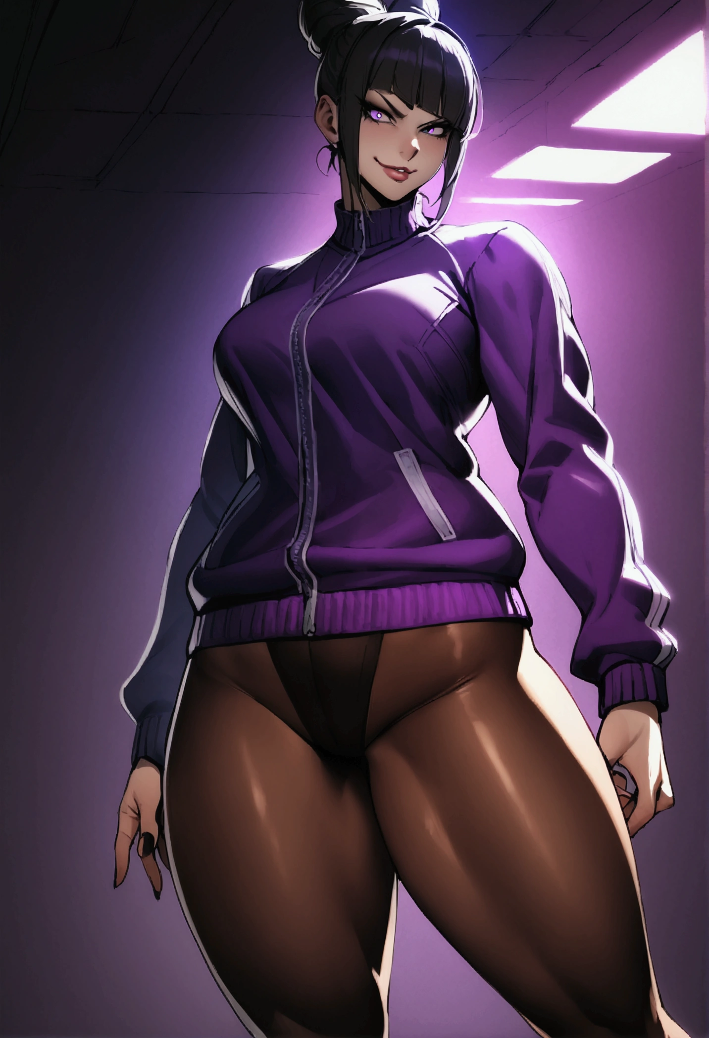 juri han beautiful young fitness com , in a gym wearing May with black pantyhose, tight white and purple gym jacket. standing alone,belas thicc thighs, low lighting,evil smile ,legging preto
belas thicc thighs,thicc thighs