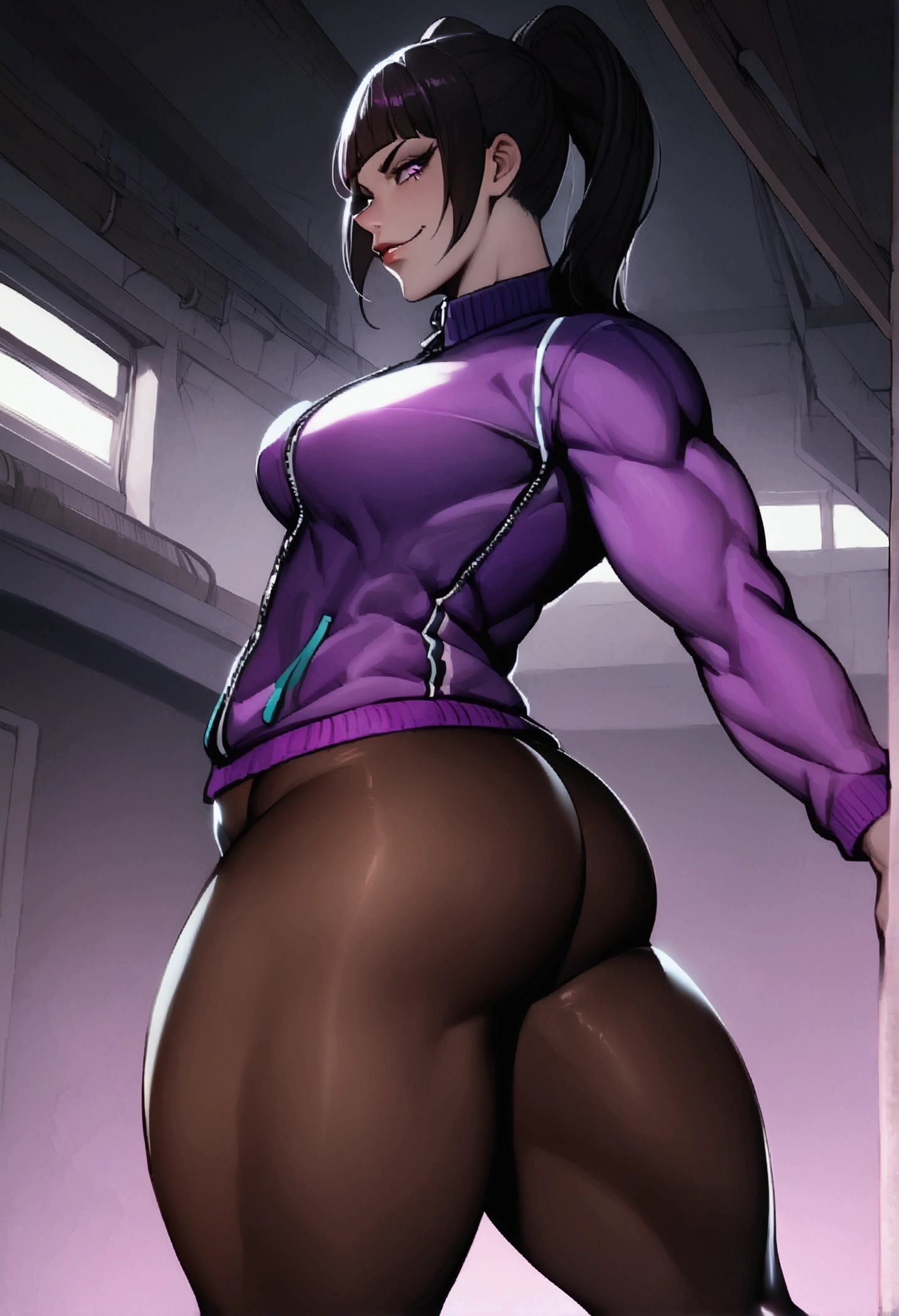 juri han beautiful young fitness com , in a gym wearing May with black pantyhose, tight white and purple gym jacket. standing alone,belas thicc thighs, low lighting,evil smile ,legging preto
belas thicc thighs,thicc thighs