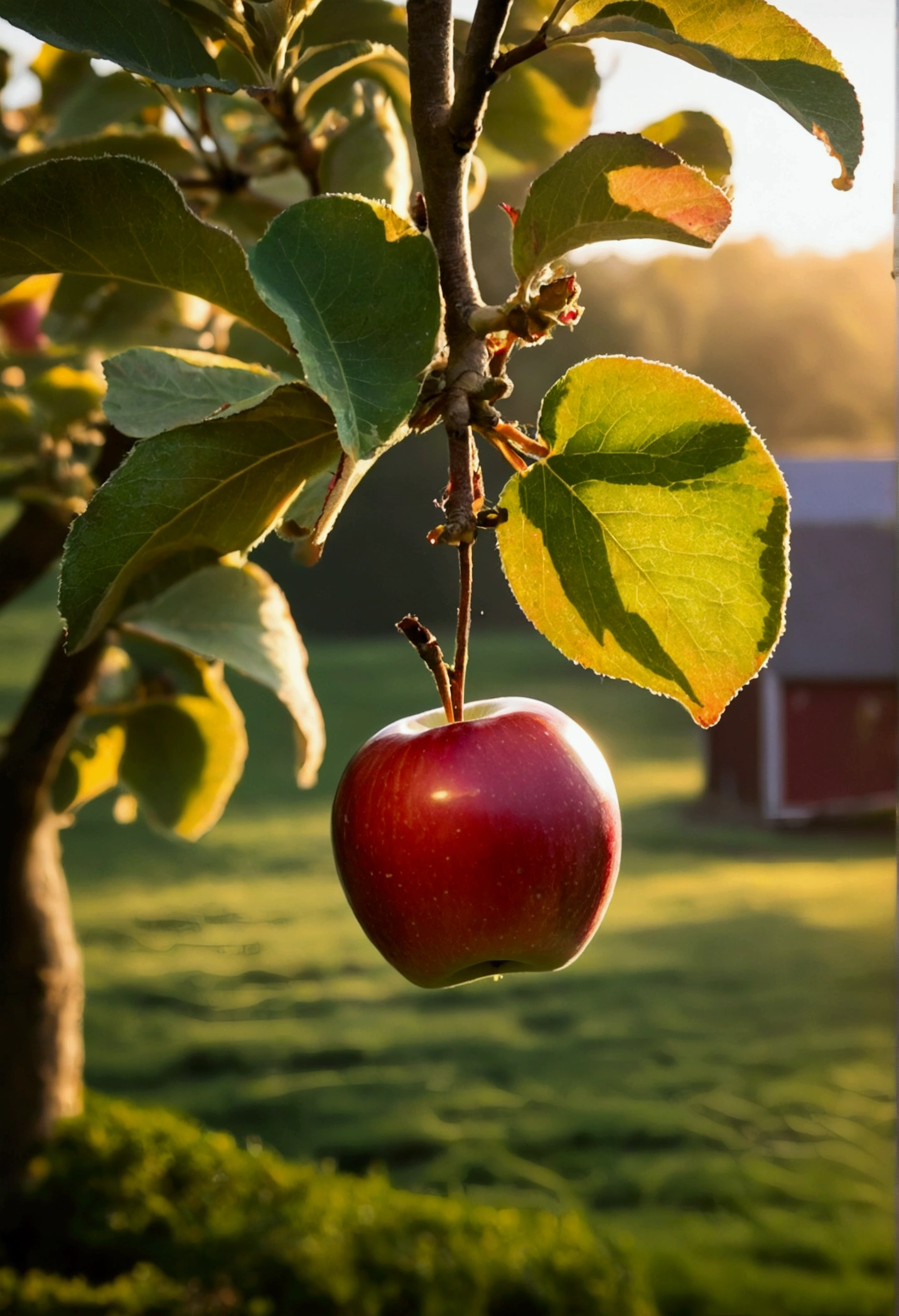 An apple hanging from a tree on a farm