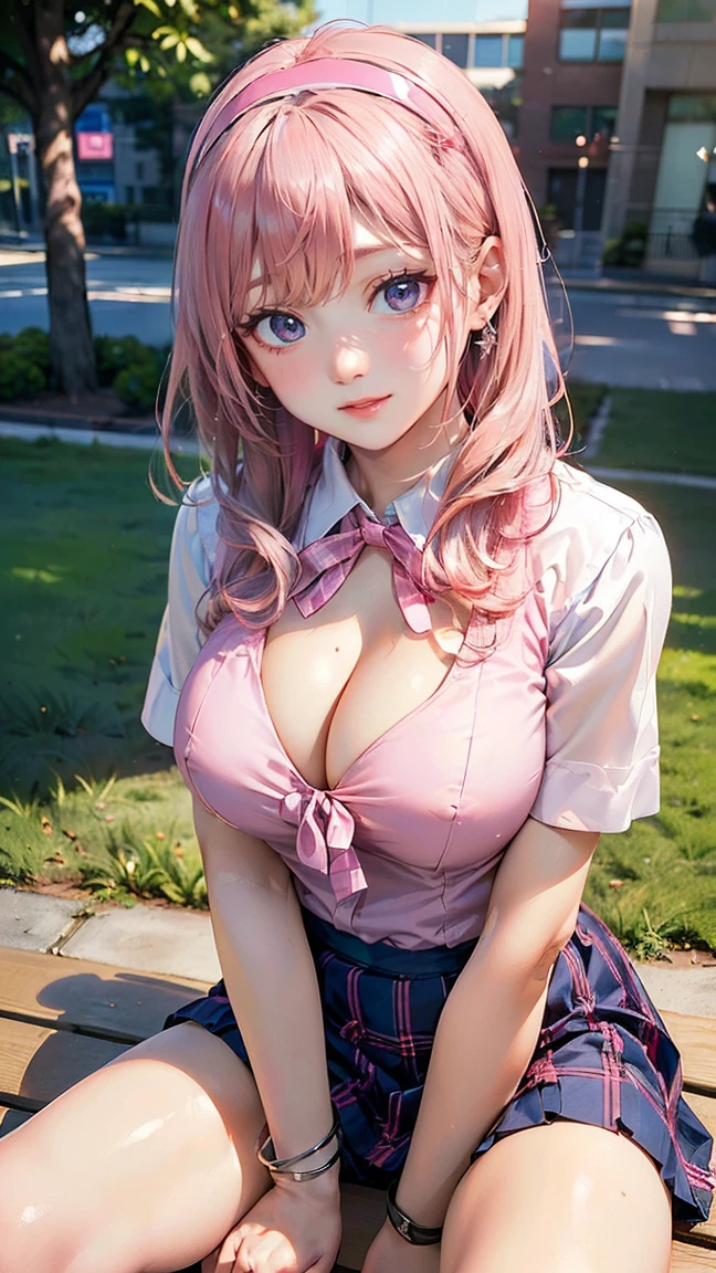 ((Highest quality, 8k, masterpiece :1.3)), (Sharp focus :1.2, Beautiful woman with perfect figure :1.4, Slim Abs), ((, Emphasize cleavage:1.otorealistic:1.4), (realistic:1.4), (Pink Hair:1.5), Highly detailed face and skin texture, Fine grain, double eyelid. Makeup face, A little bit of lipstick, sex appeal, Sexy grre pose, ((Agh school girl wearing a pink ribbon blouse and a navy checkered skirt。The background is the schoolyard、Green grass is spreading。She sat on a bench in the schoolyard.、Smiling in a sexy pose。A hairband and ilver bracelet are her accessories.。:1.3)
