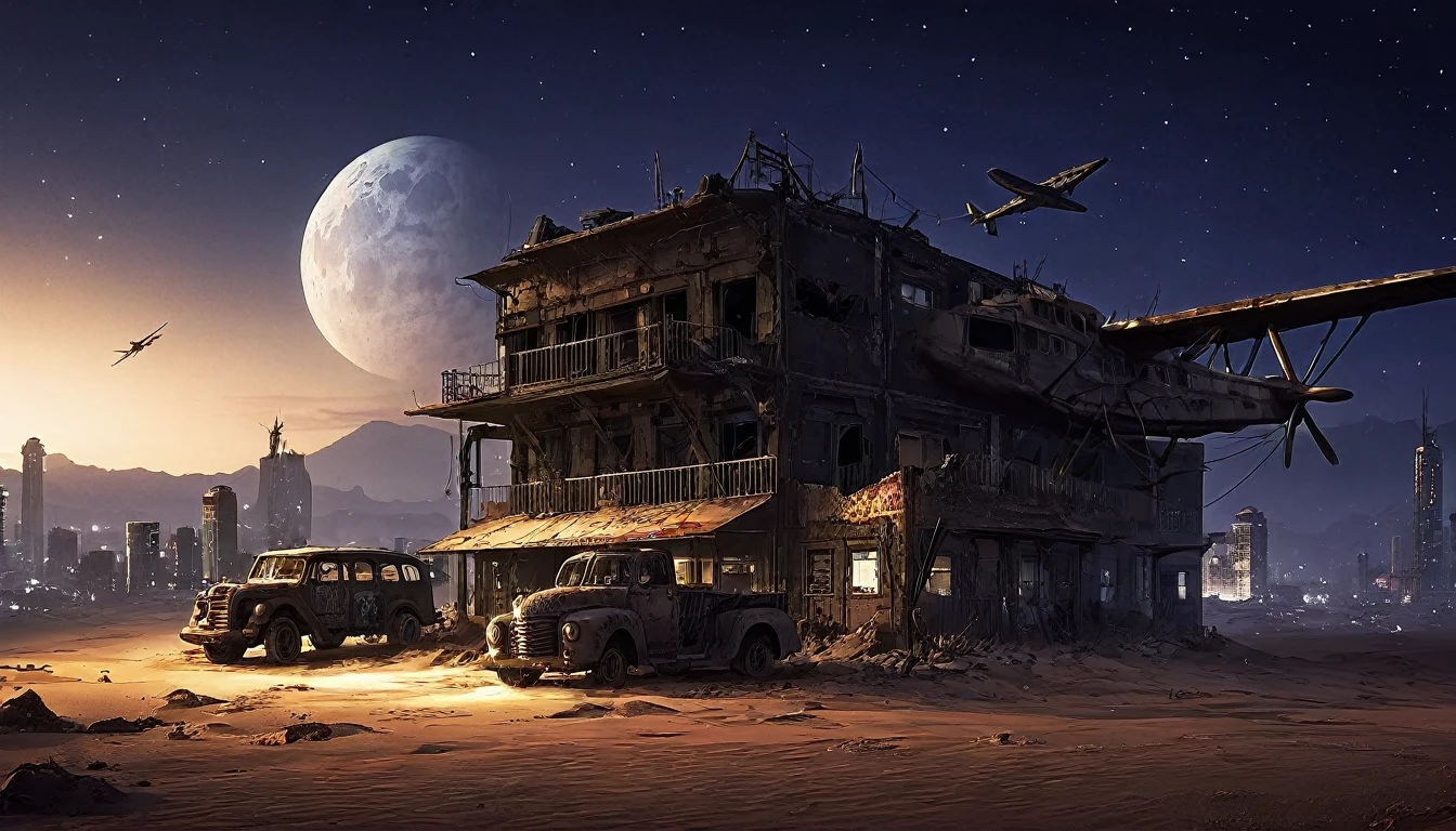 plane desert night city post apocalyptic