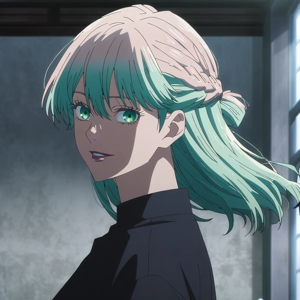 1girl, female gojo satoru, anime screencap from jujutsu kaisen, gojo satoru female version, solo, long_Green hair, hair strands, french braid, black round sunglasses, Green Eyes, parted_lips, smiling, looking_at_viewer, perfect background, indoors, side view, white_hair, bangs, eyelashes, portrait, black_shirt, shirt, hair_between_eyes, floating hair, (hair strands, french braid) ((shot from behind))