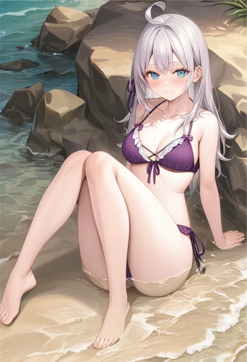 score_9,score_8_above,score_7_above, alya, light smile,Alone, long white hair, medium chest, wearing a sexy purple ruffled bikini, resting in the sand, back view, looking back, Stretched legs,Feet together, near the sea, legs in the sea, perfect ends