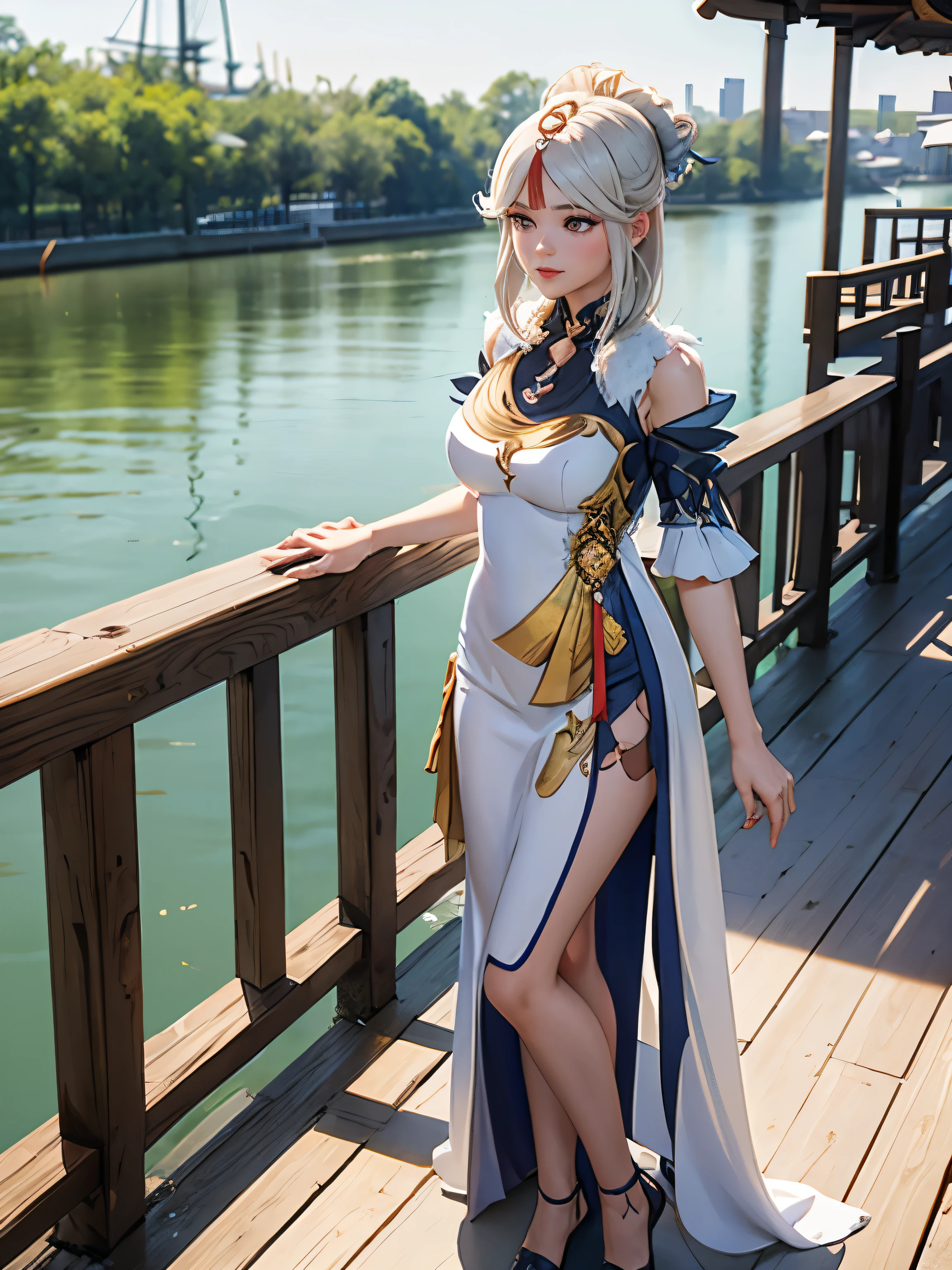 Woman, Ningguang, Genshin Impact, large breasts, Standing on docks, Long Dress