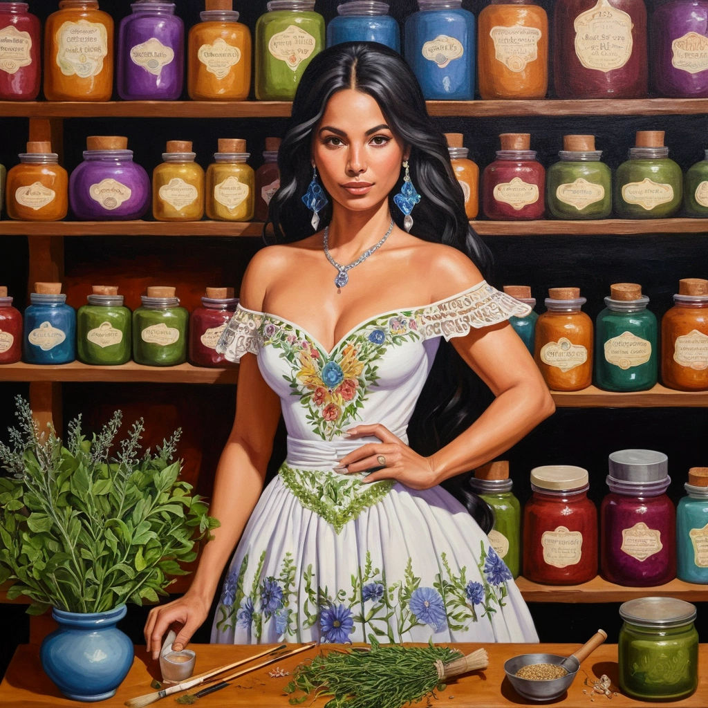 painting latina woman in detailed dress at cozy detailed potions shop herbs, healer, witch