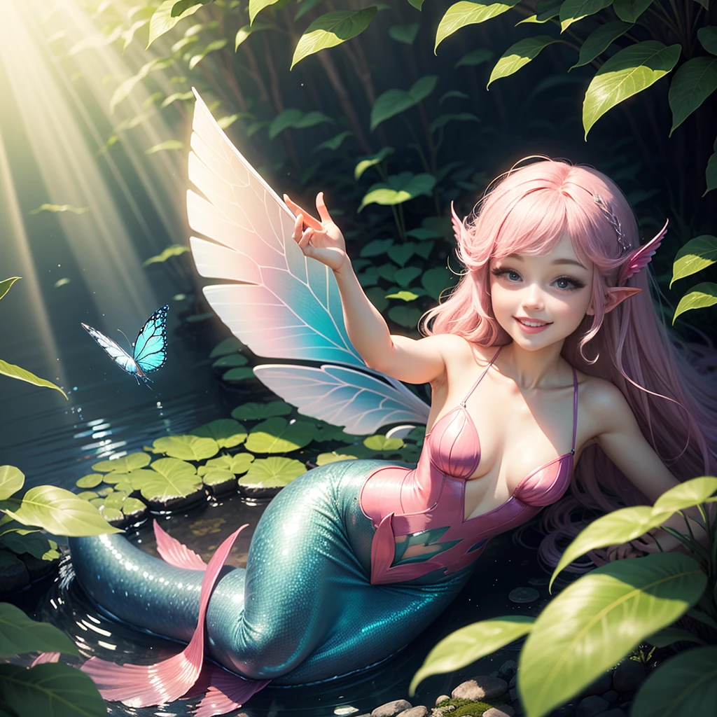 cute little mermaid, long hair, light pink sparkly hair, sparkling, pointed ears, sunlight, dress made of leaves, transparent wings, beautiful blue butterfly, big flower, leaves, smiling gently