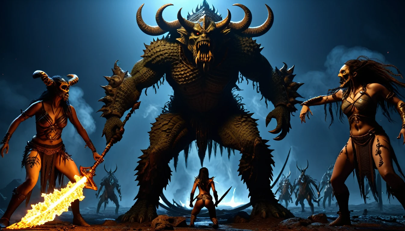 (3D rendering:3.1) in (medium full shot:3.1) in (back view:3.1) of lot of characters from a movie for slave girls from beyond infinity, inspired by Clyde Caldwell and Greg Rutkowski art, barbarian warriors with sword in battles against space creatures, monsters, daemons, aliens, mutant, with explosions, smoke and fire, (with Creepy, Sci-Fi, Fantasy and Horror:2.9) retro sci fi, Horror movie, very detailed body, moody, epic, summoning monsters. horror movie, horrified, terrified, insane, disgusting, disturbing, Impactful, cgsociety, hyper-detailed, digital illusions, cyberspace, photorealistic, arts visuals, rich colors, (3D rendering:3.1)