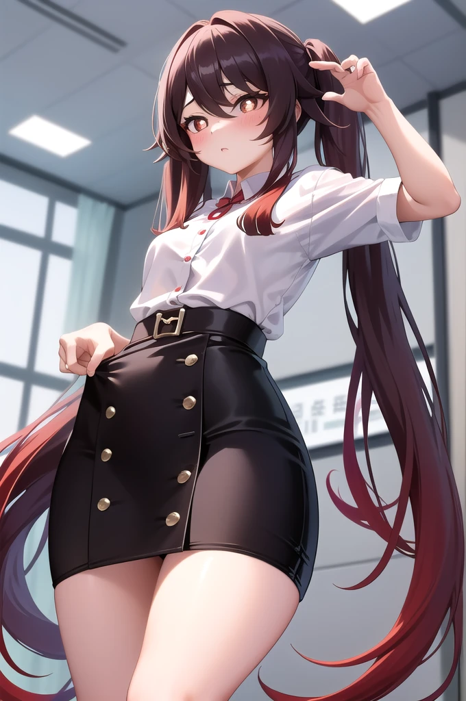 masterpiece, Highest quality, Hu Tao V4, One girl, alone, Looking down, blush, Long Hair, Twin tails, Multicolored Hair, very Long Hair, Hair between the eyes, ((office lady, OL, Pencil Skirt, White shirt, Button gap)), ((From below)), ID card, office, machine, Beh