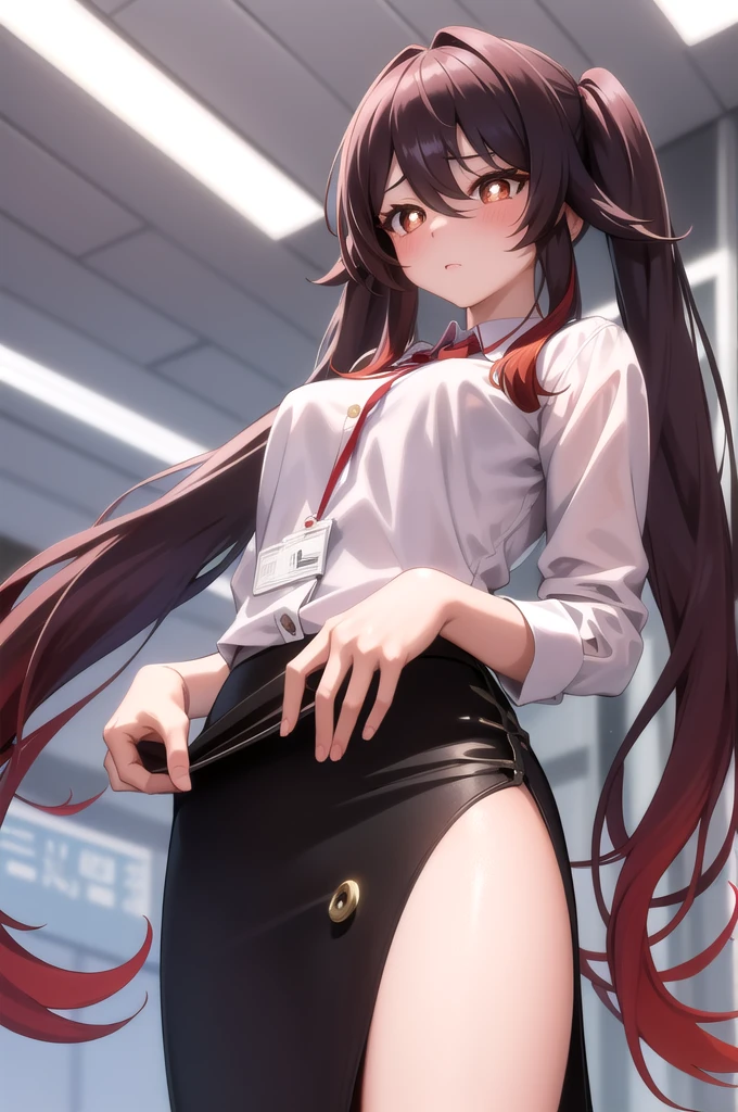 masterpiece, Highest quality, Hu Tao V4, One girl, alone, Looking down, blush, Long Hair, Twin tails, Multicolored Hair, very Long Hair, Hair between the eyes, ((office lady, OL, Pencil Skirt, White shirt, Button gap)), ((From below)), ID card, office, machine, Beh