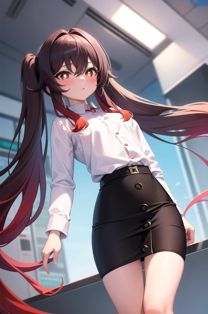 masterpiece, Highest quality, Hu Tao V4, One girl, alone, Looking down, blush, Long Hair, Twin tails, Multicolored Hair, very Long Hair, Hair between the eyes, ((office lady, OL, Pencil Skirt, White shirt, Button gap)), ((From below)), ID card, office, machine, Beh