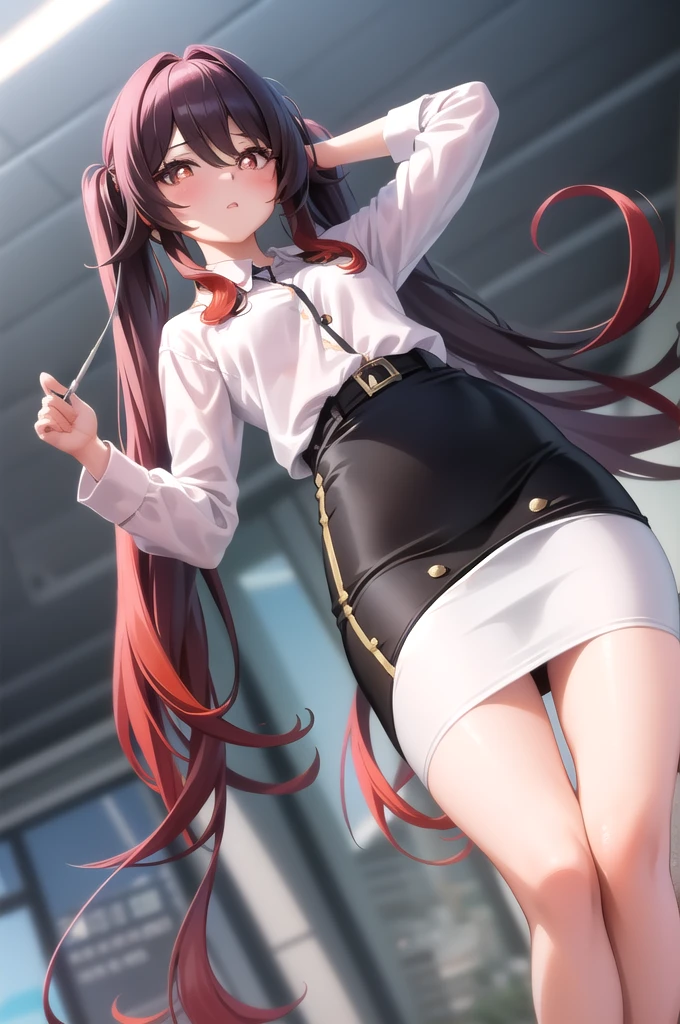 masterpiece, Highest quality, Hu Tao V4, One girl, alone, Looking down, blush, Long Hair, Twin tails, Multicolored Hair, very Long Hair, Hair between the eyes, ((office lady, OL, Pencil Skirt, White shirt, Button gap)), ((From below)), ID card, office, machine, Beh