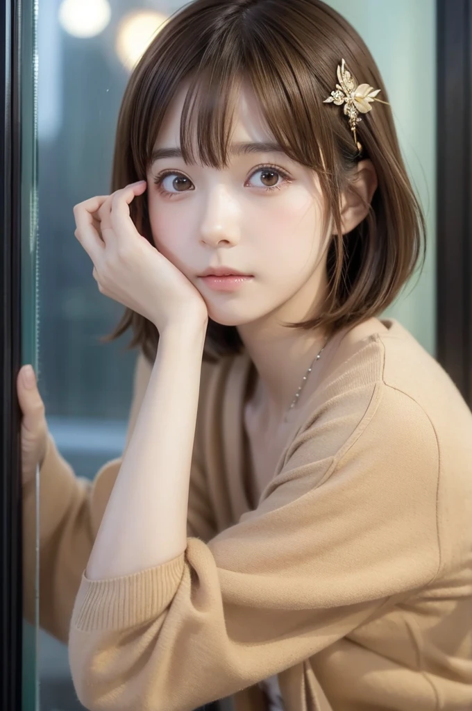 an anime girl with the eyes crossed, hands on face, holding hands, and making some sort of sign, against glass, hirasawa yui, 1girl, solo, brown hair, brown eyes, , sakuragaoka high , short hair, hairclip, hair ornament