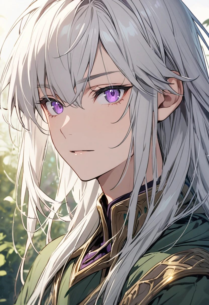 A man with long silver hair, with detailed purple eyes and elven features, detailed, youthful-looking face