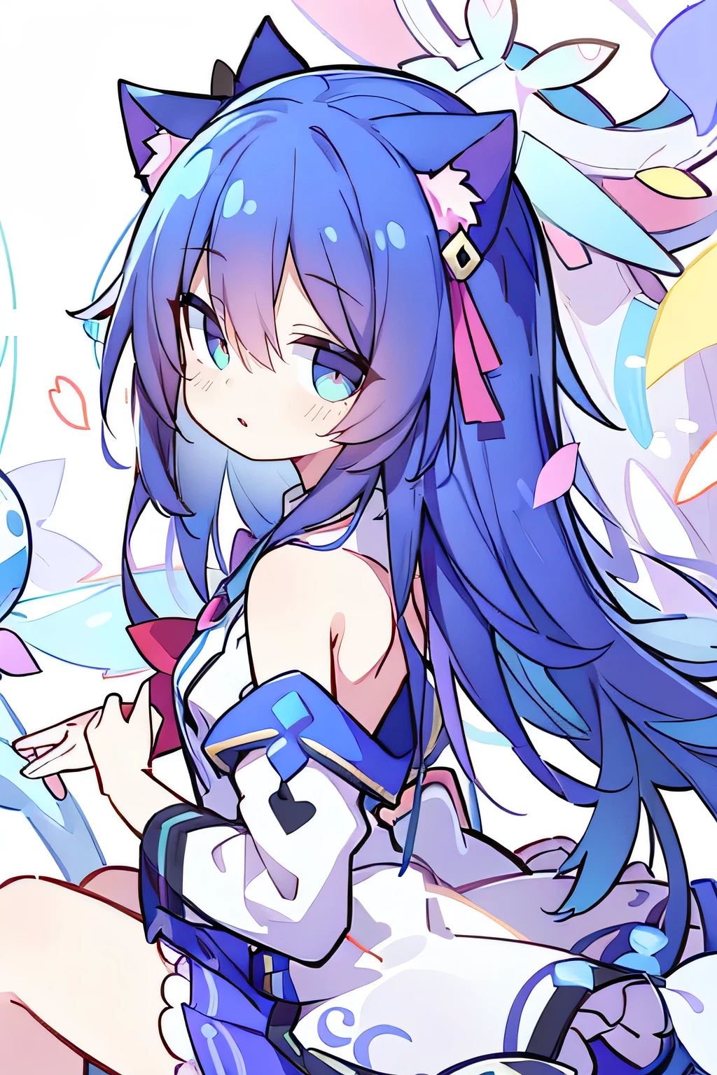 （masterpiece：1.2），Super detailed，lifelike，Expressive eyes，fair skin，perfect face shape，1 girl，
Japanese comics,Gorgeous blue hair,flowing blue hair,flowing clothes,Cat ears,Petals fall,beautiful lola,Baby Angel,
Shaking head with one hand，Cross your legs，，The pavilion is cool and comfortable,smile,back views,sunrise,Petals fall