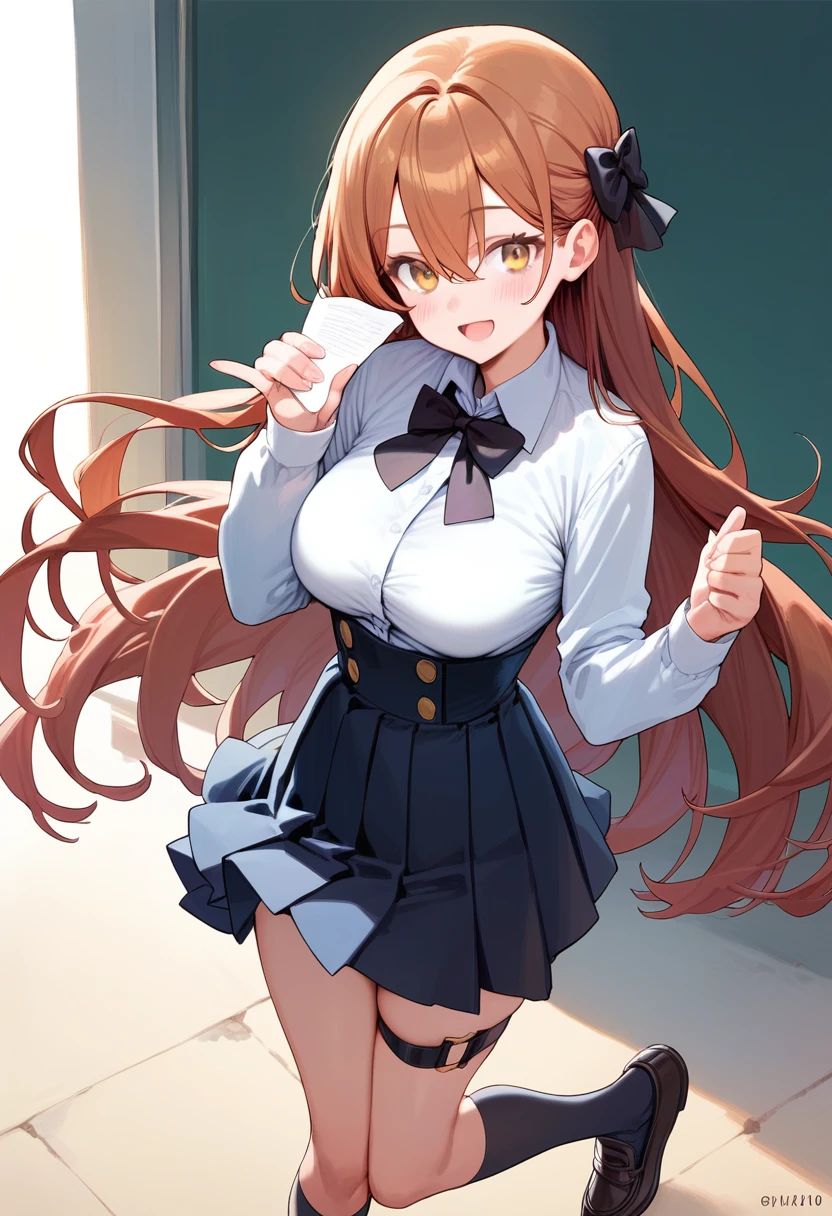 score_9,score_8_up,score_7_up,1girl,solo,bangs,blush,smile,looking at viewer,:d,black bow,black footwear,black skirt,bow,breasts,brown hair,character name,collared shirt,dress shirt,hair between eyes,hair bow,hand up,high-waist skirt,holding paper,kneehighs,loafers,long hair,long sleeves,medium breasts,miniskirt,open mouth,pleated skirt,shirt,shoes,skirt,standing,thigh strap,very long hair,white shirt,yellow eyes