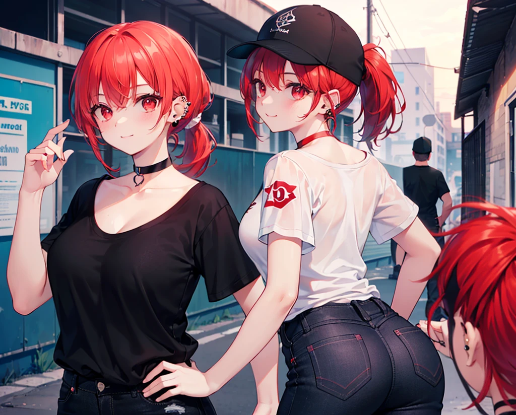 (Close-up:1.3),Realistic,Highest quality, Ultra Detail, High-quality CG rendering, The most delicate and beautiful, Floating softly, High resolution, (1 girl), (Highest quality,4K,8k,masterpiece:1.2),(All red hair:1.5), (ponytail:1.5),(Red eyes:1.5),(Slightly larger breasts:1.2), (Oversized black short sleeve t-shirt:1.3),(Black skinny jeans:1.3),(Black baseball cap:1.3),In the city,old buildings,Narrow back alley,(Turn your back to your audience:1.3),Butt,Are standing,smile,(Piercing in left ear:1.3),(Pitch black choker:1.5)
