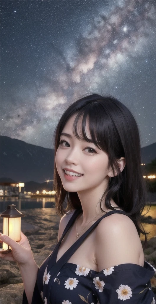 AIbeauty、Real beauty、Yukata Prompt、狐耳beauty、Night view、The background is the magnificent Milky Way galaxy in the night sky、Floral Yukata、Show off your whole body、Beautiful woman with a big smile、Woman looking up at night sky(Woman looking up at the night sky from below、Woman and the night sky5versus5)