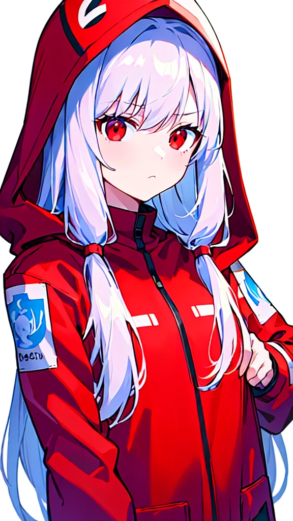 [(WHITE BACKGROUND:1.5),::5], ((((masterpiece)))), high quality, ultra very high resolution, full color, (((solo))), ((younger girl)), red long hair, (Red eyes), anime, ((upper body)), Blue parka, frown face,
